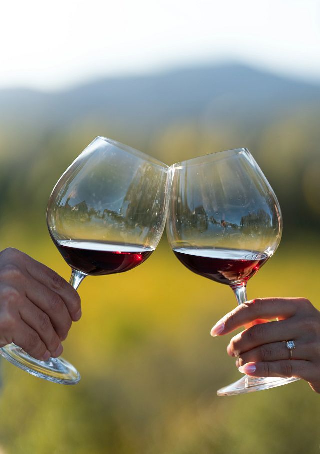 Two hands and two glasses of red wine