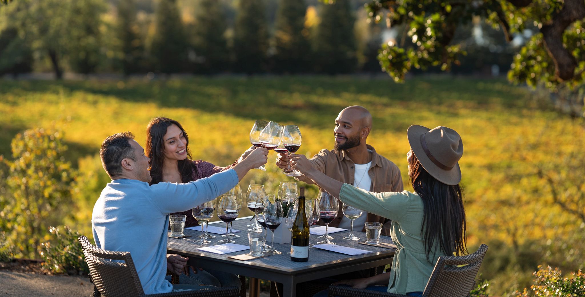 A group of people cheersing their glasses while drinking Copain by a vineyard.